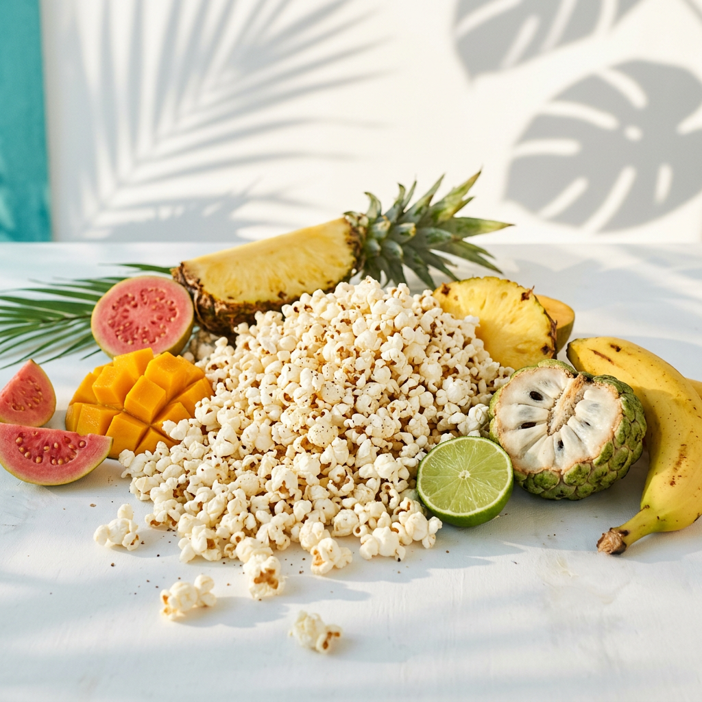 A vibrant pile of Carib Popps popcorn surrounded by tropical fruit