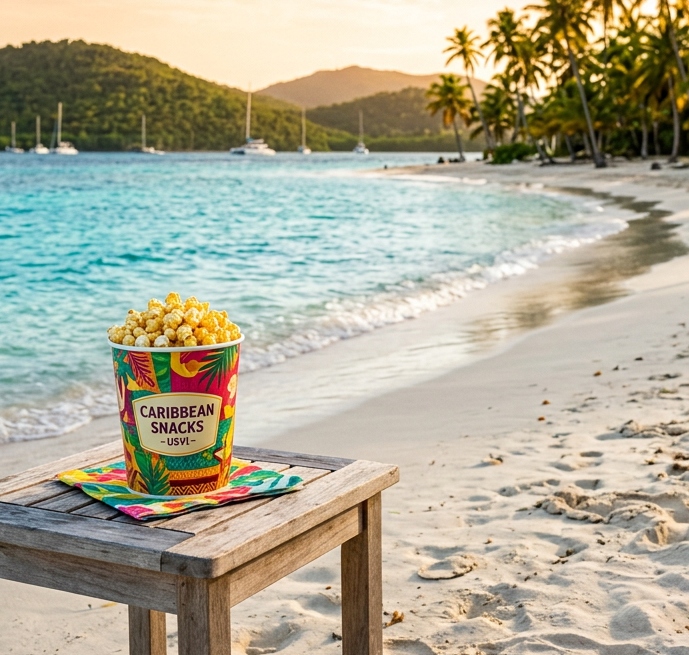 A bucket of Carib Popps popcorn on a wooden table at a U.S. Virgin Islands beach