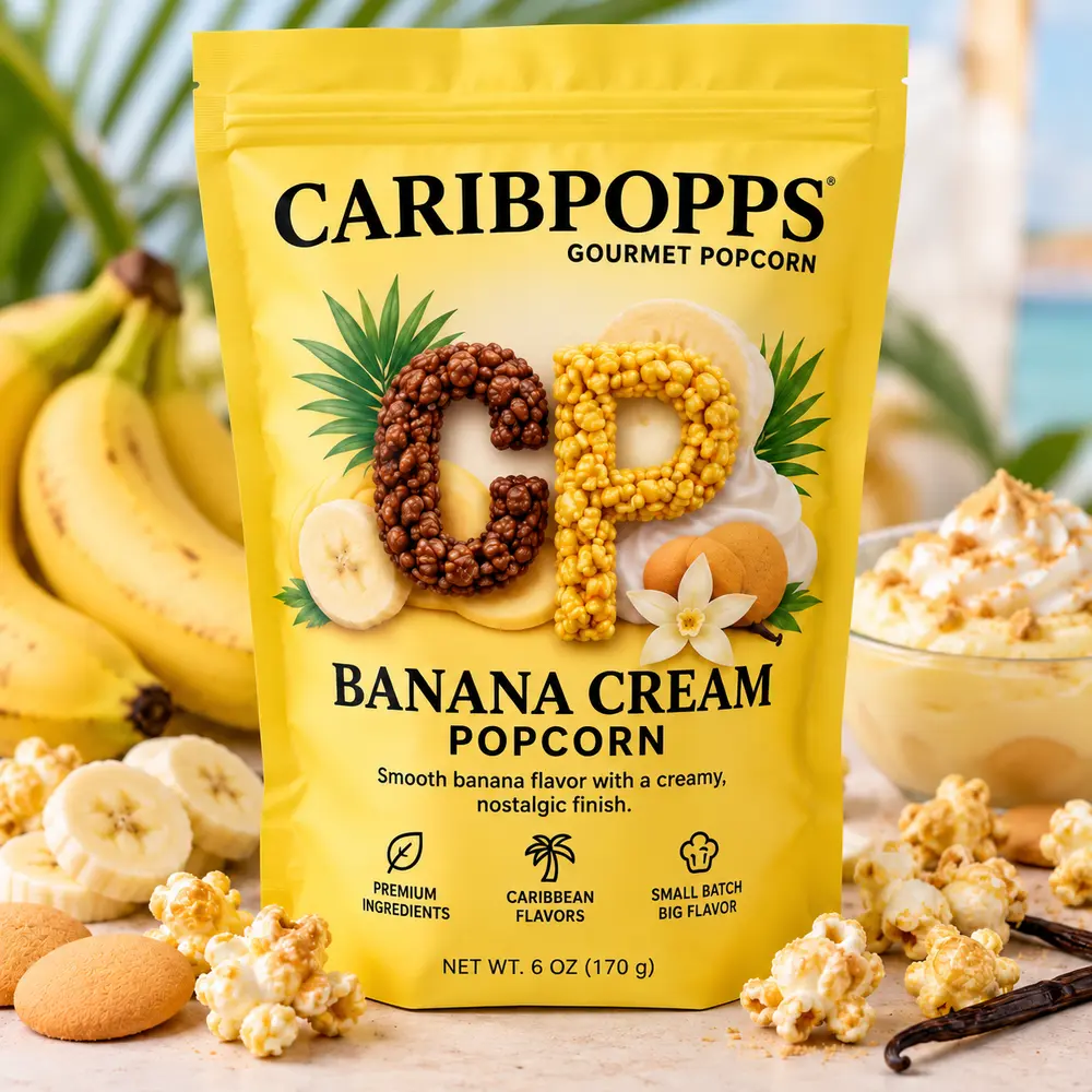 Carib Popps Banana Cream popcorn bag