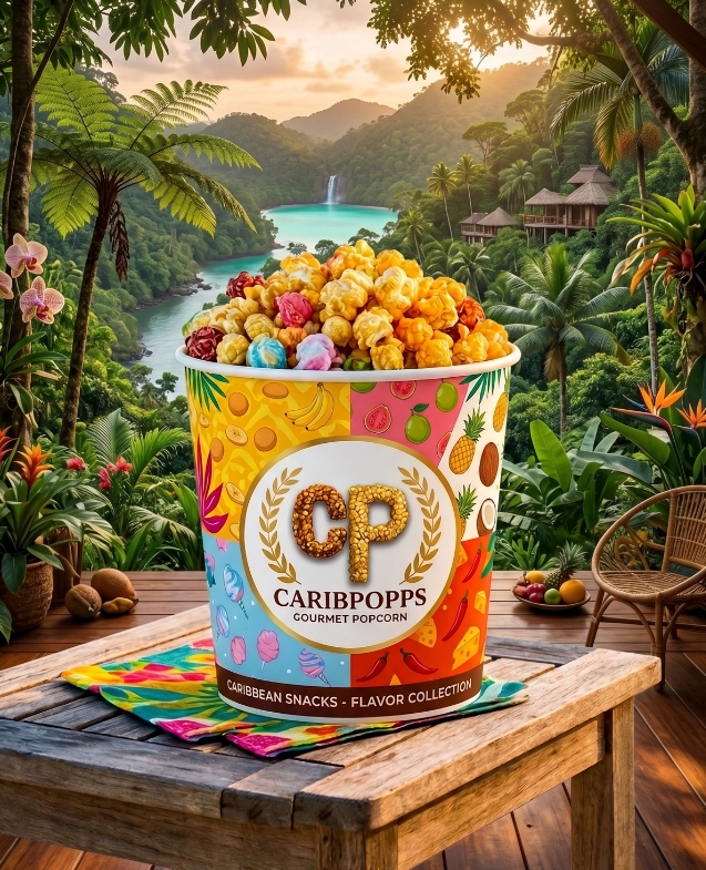 A vibrant Carib Popps gourmet popcorn bucket in a lush Caribbean jungle landscape